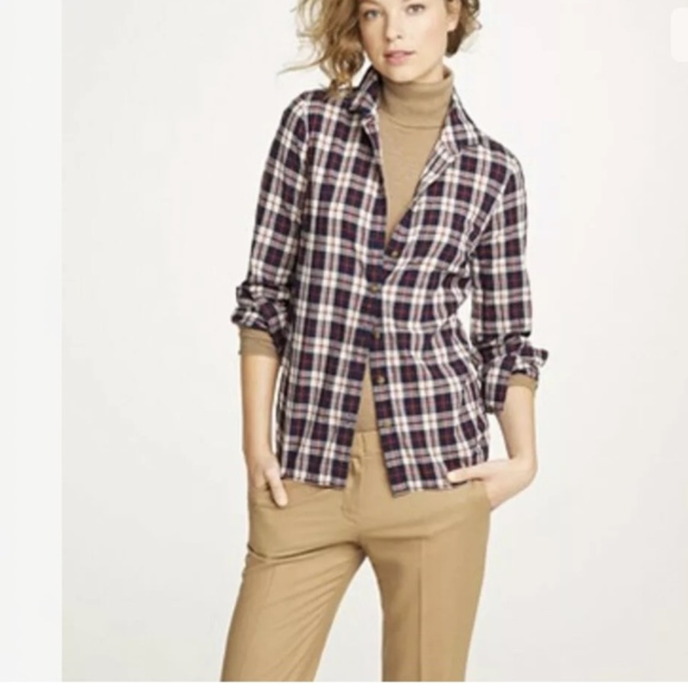 J Crew Perfect Shirt Bronze Buttons Navy Plaid